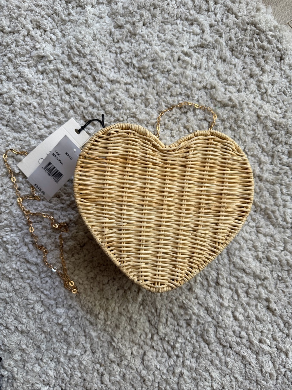Heart-Shaped Woven Straw Crossbody Bag with Gold Chain - Natural